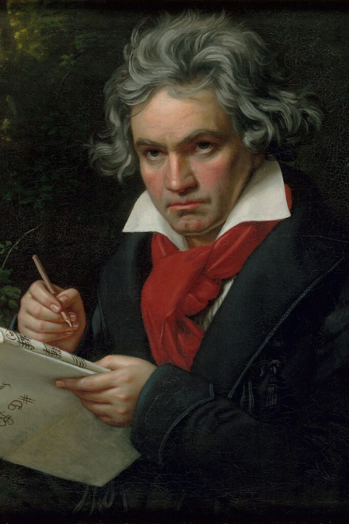 Retrato al óleo de Ludwig van Beethoven de 1820. El compositor, con el pelo canoso y un pañuelo rojo alrededor del cuello, mira fíjamente al espectador mientras sostiene la partitura de su "Missa solemnis".