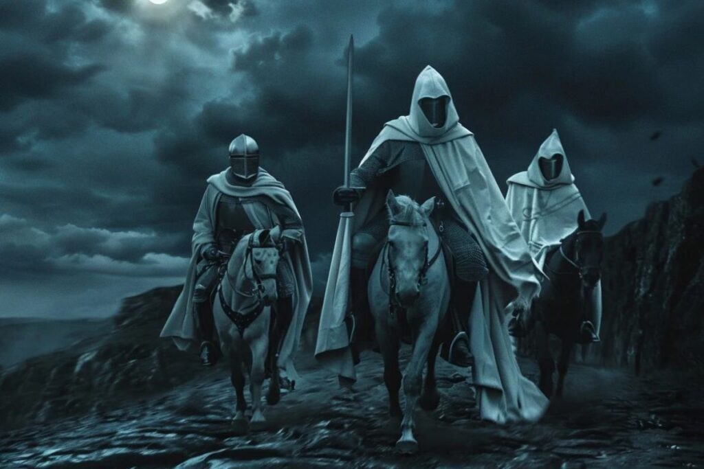 Tres caballeros templarios vestidos con túnicas blancas y armadura caminan en un paisaje oscuro y brumoso, uno de ellos porta un estandarte