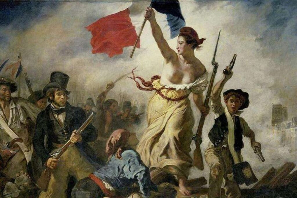 La Libertad guiando al pueblo", óleo de Eugène Delacroix que representa a la Libertad como una figura femenina alegórica que lidera al pueblo durante la Revolución de 1830.