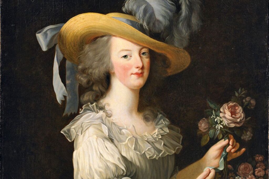Retrato de 1783 de María Antonieta pintado por Vigée-Lebrun, en el que la reina viste un vestido camisa de muselina y un sombrero.