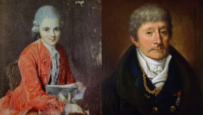 Montaje digital que une dos retratos de época. A la izquierda se muestra el retrato de Wolfgang Amadeus Mozart y a la derecha el de Antonio Salieri.