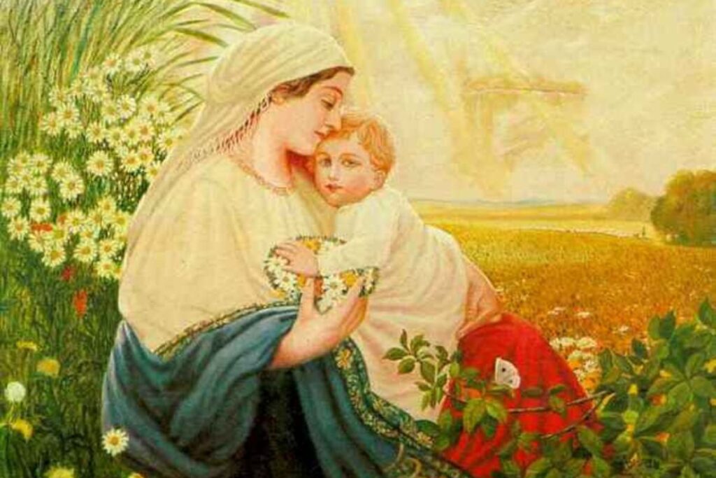 Pintura al óleo de la Virgen María con el Niño Jesús sentados en un paisaje pastoral con flores. Obra de Adolf Hitler