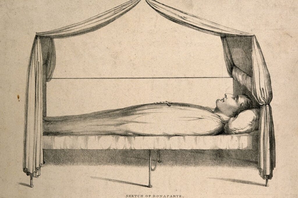 Cuerpo de Napoleón Bonaparte vestido con su uniforme de coronel de cazadores sobre su lecho de muerte, 6 de mayo de 1821, Longwood House, Santa Elena
